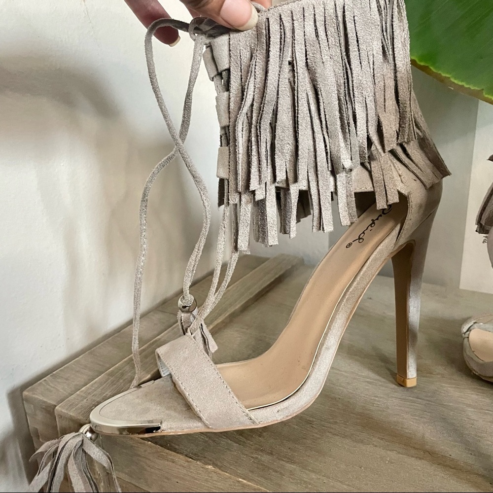 Qupid Faux-Suede Gray Stiletto Fringe Ankle Lace Up Tie Single Strap Peep Heels